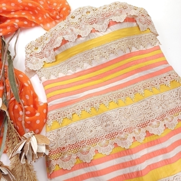 Minuet Strapless Embroidered Orange Tan Striped Dress Sz M - Picture 2 of 15